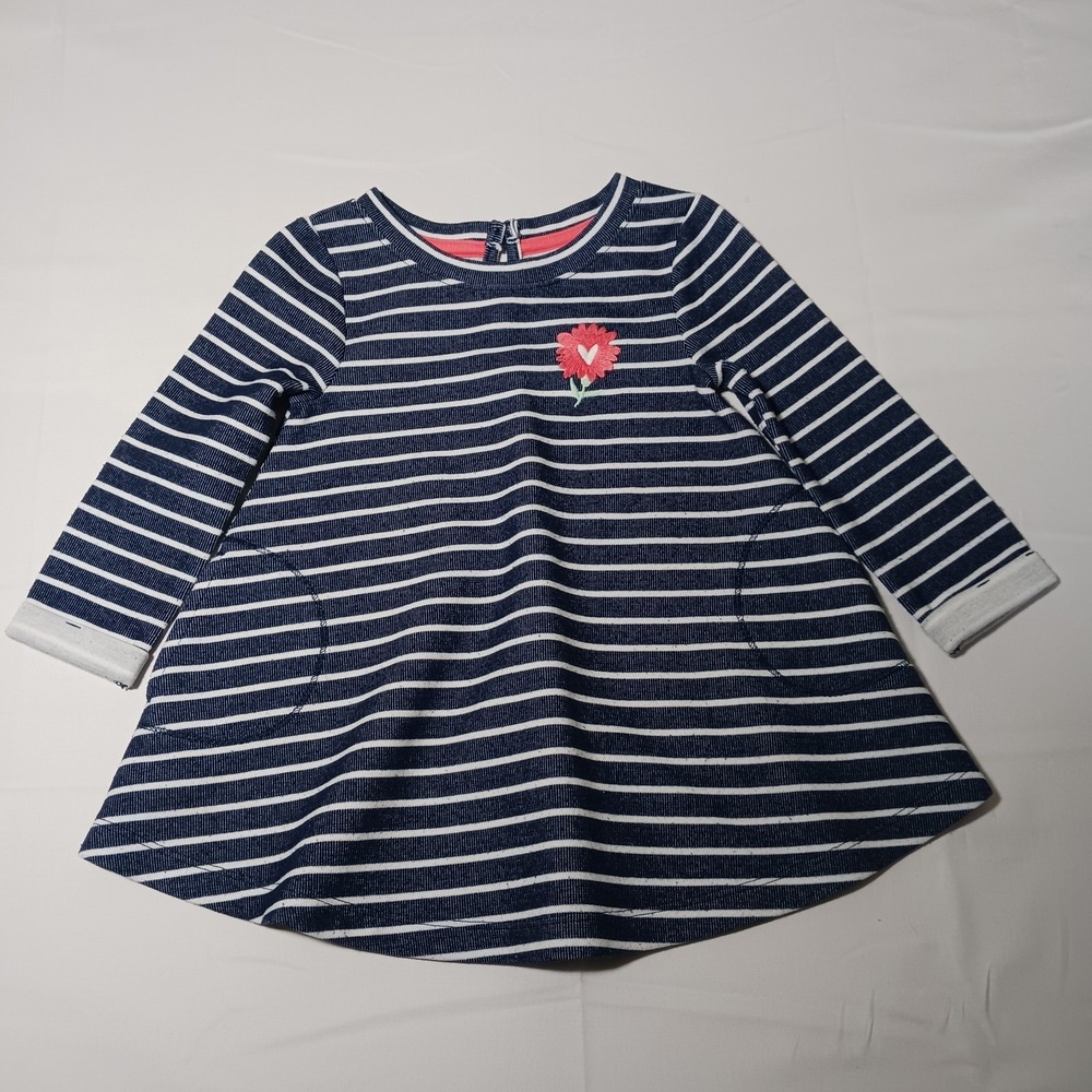 Girls Cat and Jack Blue Stripe Dress with Pockets  Embroidered Flower SZ 18 M